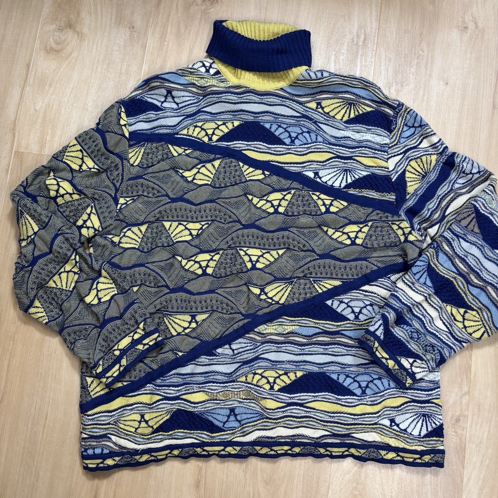 VTG 90s Coogi 3D Multicolored Turtle Neck Knit Sweater Size 2XL 3XL Hip-hop READ